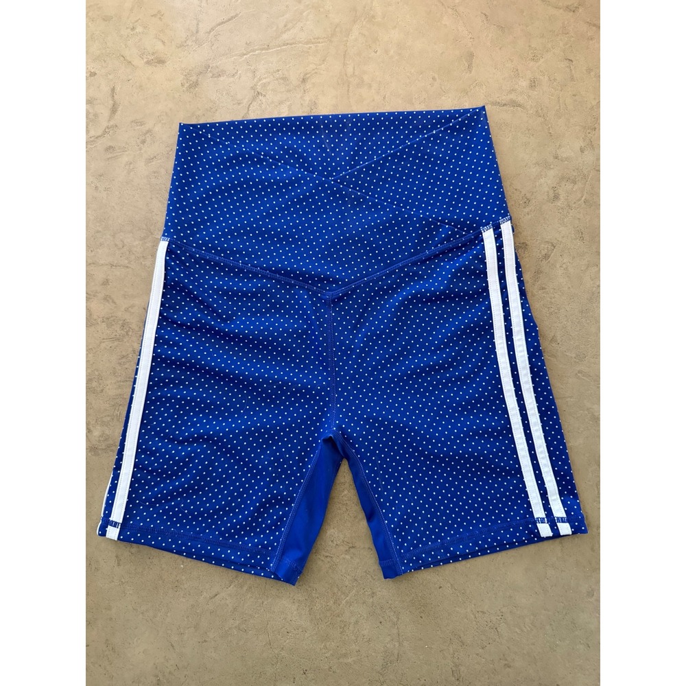 WILLO Blue Polka Dot Crossover Waist Large Biker Shorts White Side Stripes